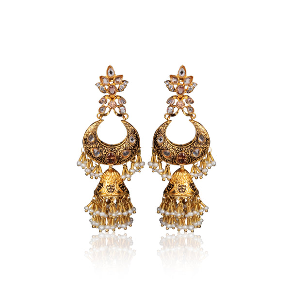 Earrings in Honey color, Pearls, Polkies and Zircons