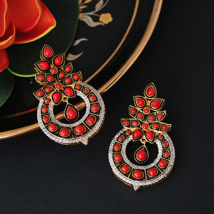 Earrings with Coral Enamel and Zircons (6239989924023)