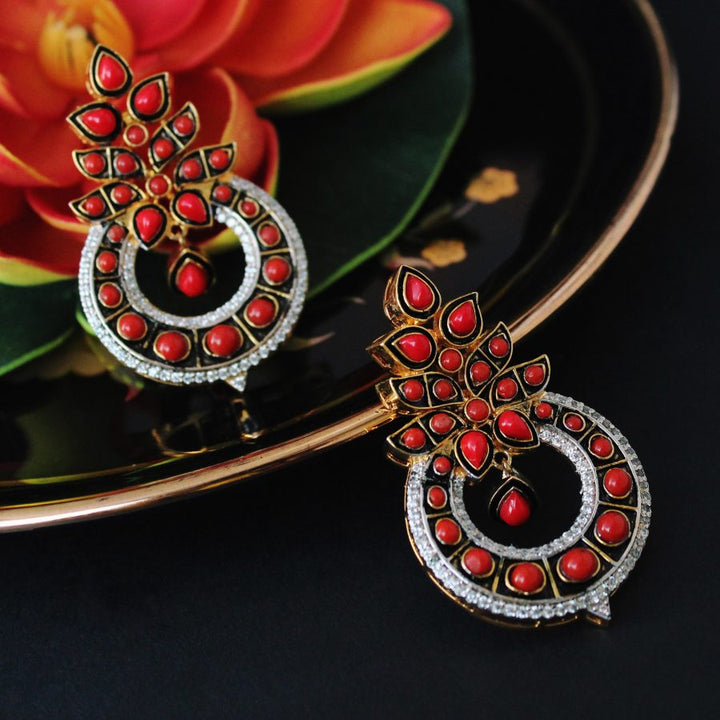 Earrings with Coral Enamel and Zircons (6239989924023)