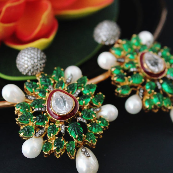 Earrings with Polkies, Jade, Pearls, Cubic Zircons and Meena Kari (6239990382775)