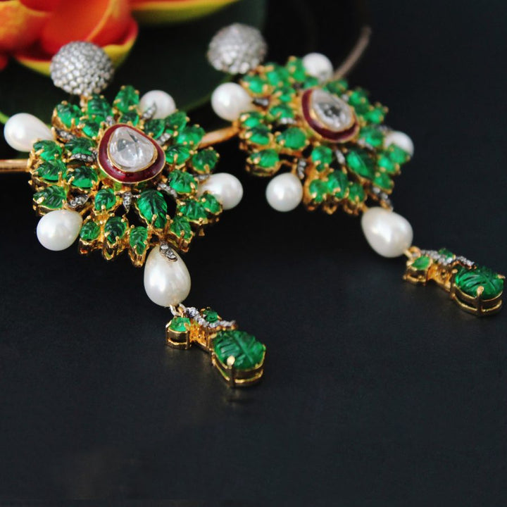 Earrings with Polkies, Jade, Pearls, Cubic Zircons and Meena Kari (6239990382775)