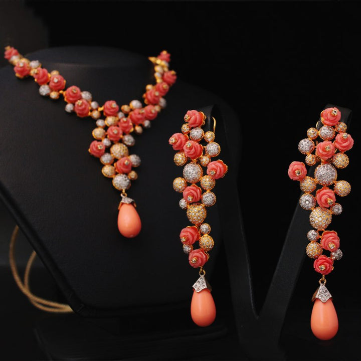 Necklace Set with Coral and Zircons (6239990481079)