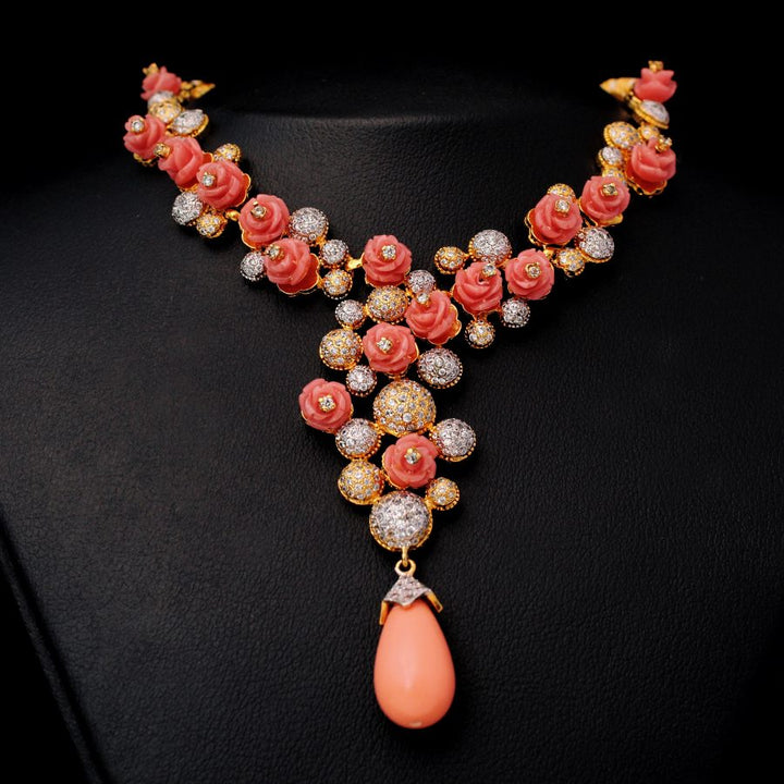 Necklace with Coral and Zircons (6239990481079)