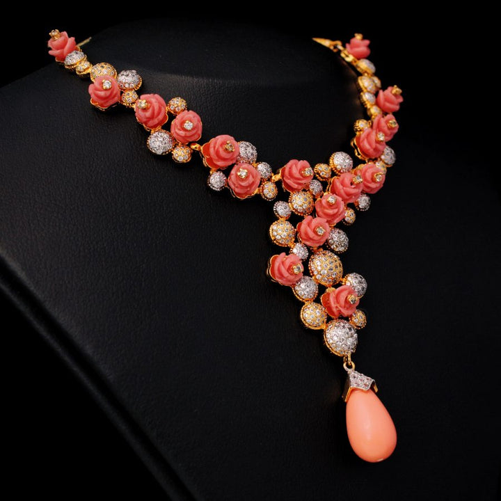 Necklace with Coral and Zircons (6239990481079)