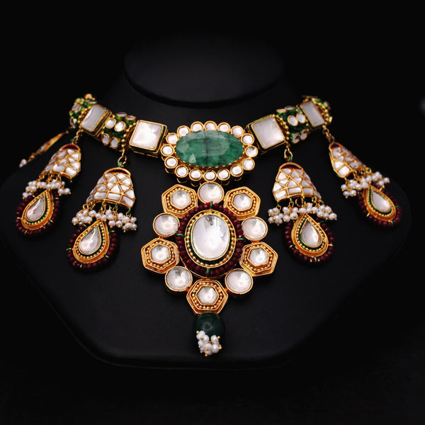 Necklace Set with Jade and Kundan Work (6239992021175)