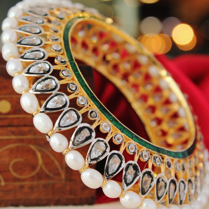 Bangle with Polkies, Fresh Water Pearls and Cubic Zircons with Enamel and Cut Works (6239986876599)