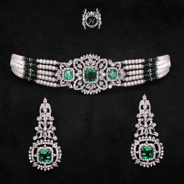 Chokar Set in Green Onyx, Pearls and Zircons