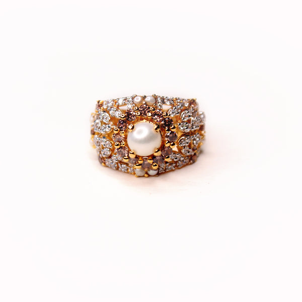 Ring in Pearl and Zircons