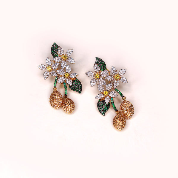 Earrings in Honey Color, Green Onyx and Cubic Zircons