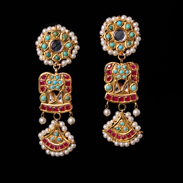 Earrings in Chetum, Feroza, Kundan and Pearls