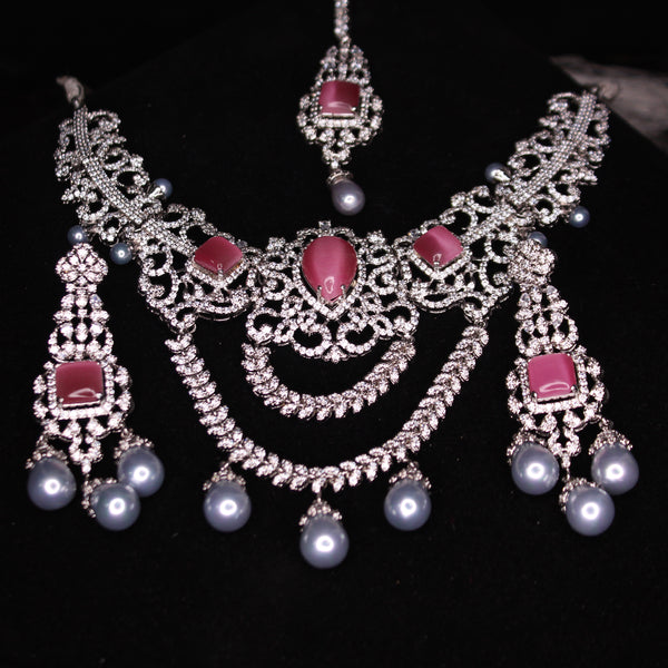 Necklace Set with Pink Cat's Eye and Grey Pearls