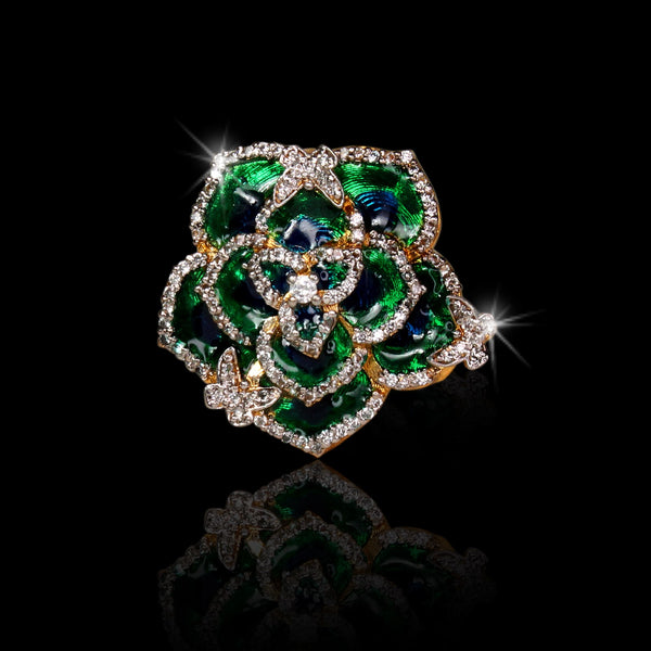 Ring in Green enamel and Cubic Zircons