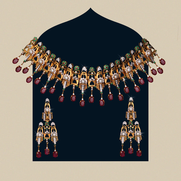 Necklace Set in Chetum, Jade, Pearls and Zircons