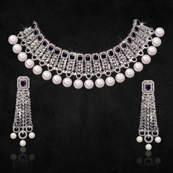 Necklace Set in Blue Onyx, Pearls and Zircons
