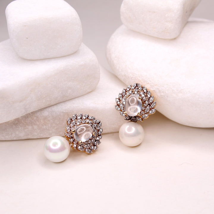Earrings in Moon Stone Pearls and Zircons (7480426725610)